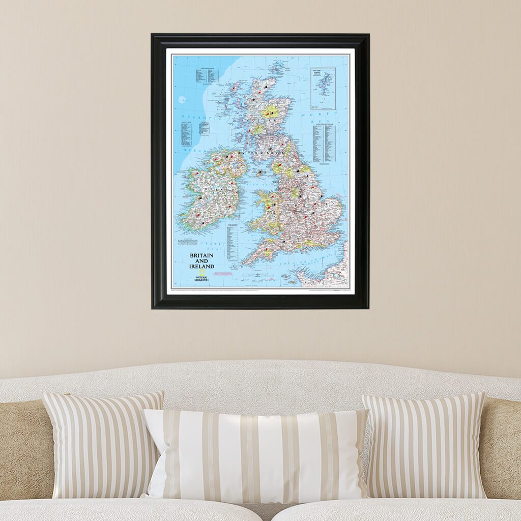 Classic Britain and Ireland Push Pin Map in Black Frame