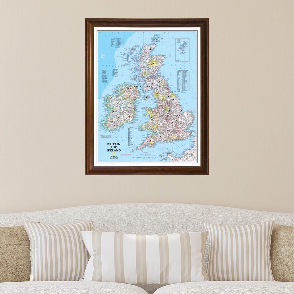 Classic Britain and Ireland Push Pin Map in Brown Frame