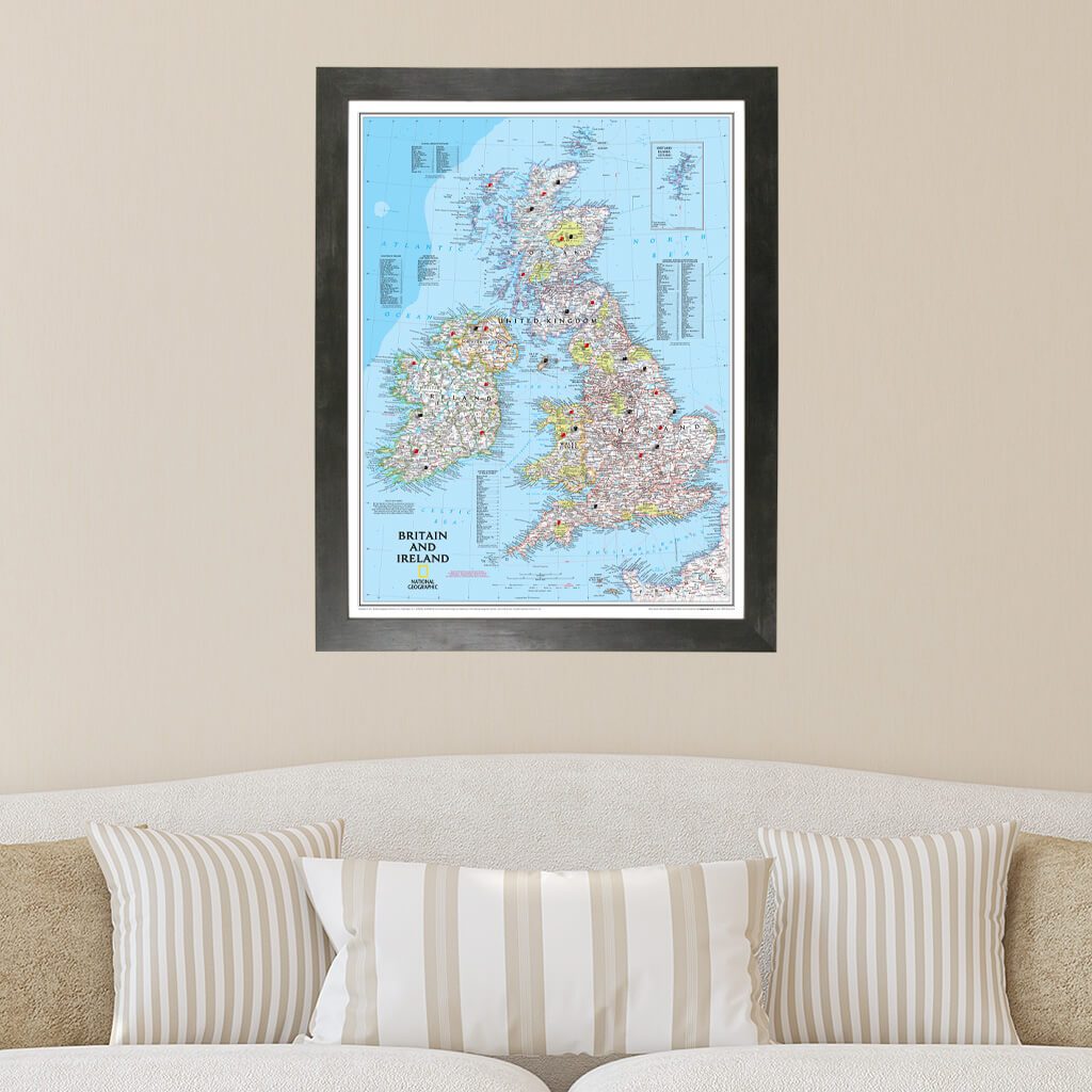 Classic Britain and Ireland Push Pin Map in Rustic Black Frame