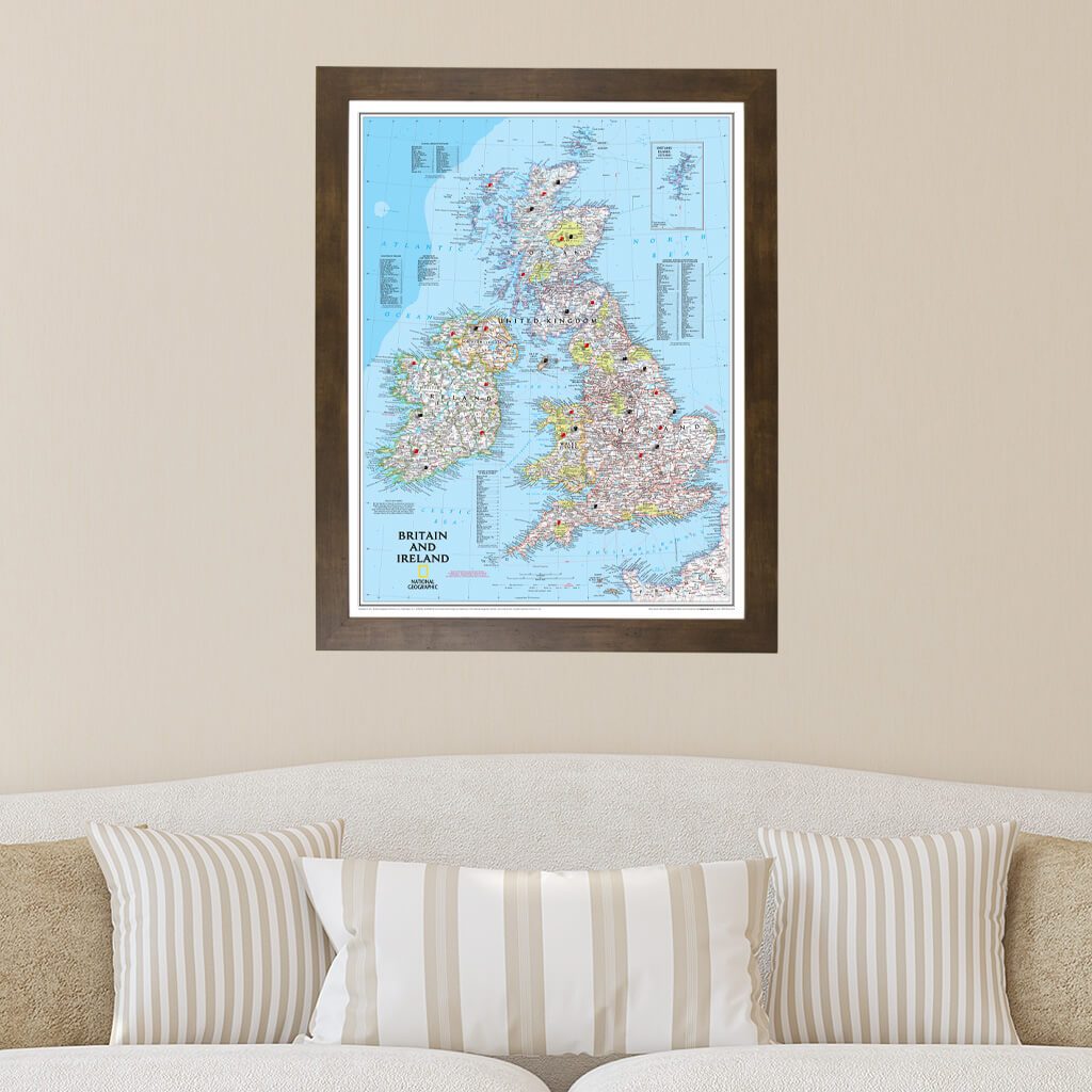 Classic Britain and Ireland Push Pin Map in Rustic Brown Frame