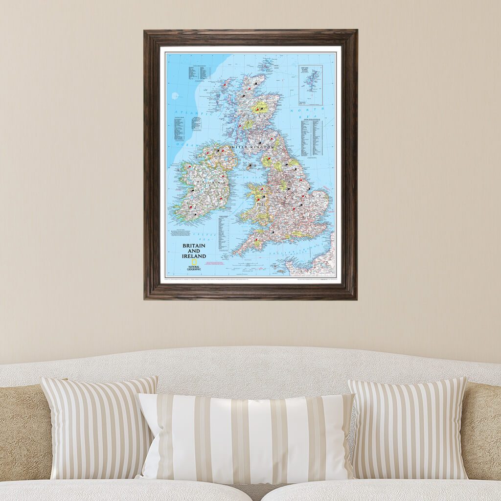 Classic Britain and Ireland Push Pin Map in Solid Wood Brown Frame