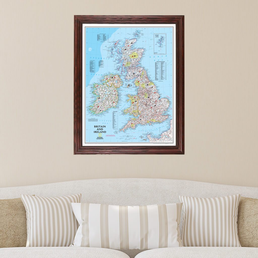 Classic Britain and Ireland Push Pin Map in Solid Wood Cherry Frame