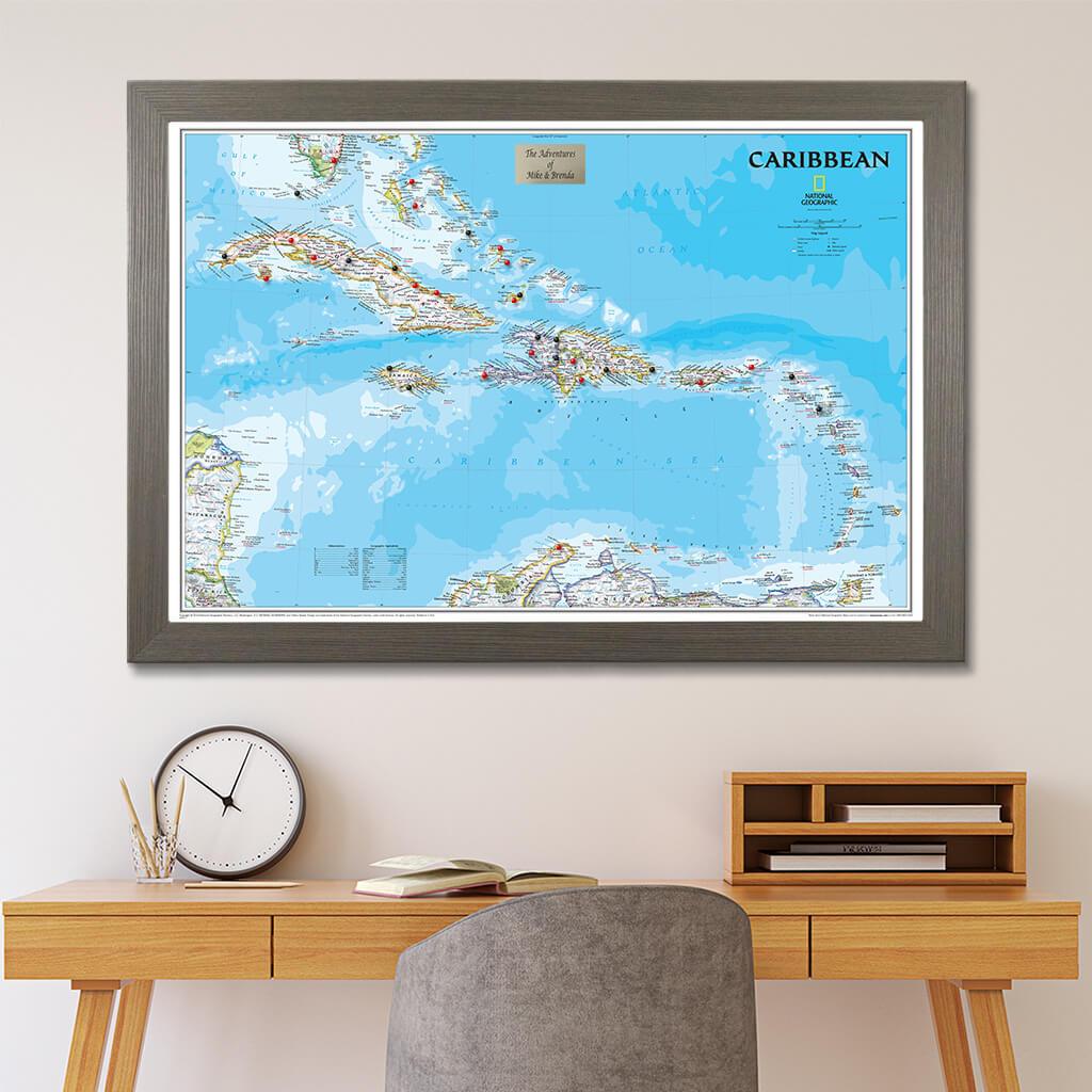 Push Pin Travel Maps - Classic Caribbean Push Pin Map In Barnwood Gray Frame