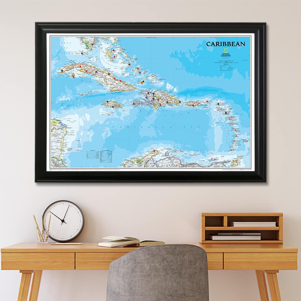 Push Pin Travel Maps Classic Caribbean Map in Black Frame