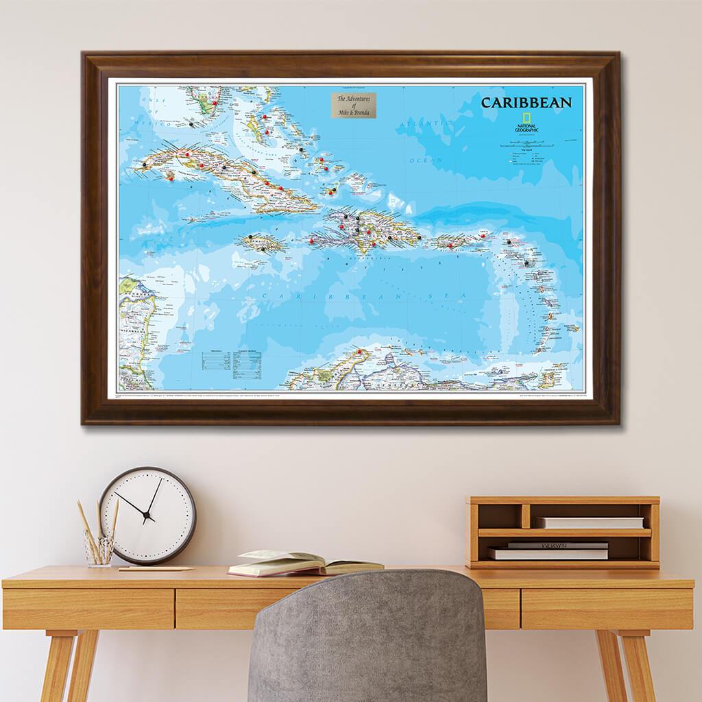 Push Pin Travel Maps Classic Caribbean Travelers Map in Brown Frame