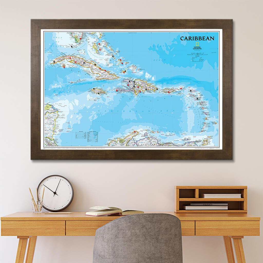 Classic Caribbean Push Pin Travel Map in Rustic Brown Frame
