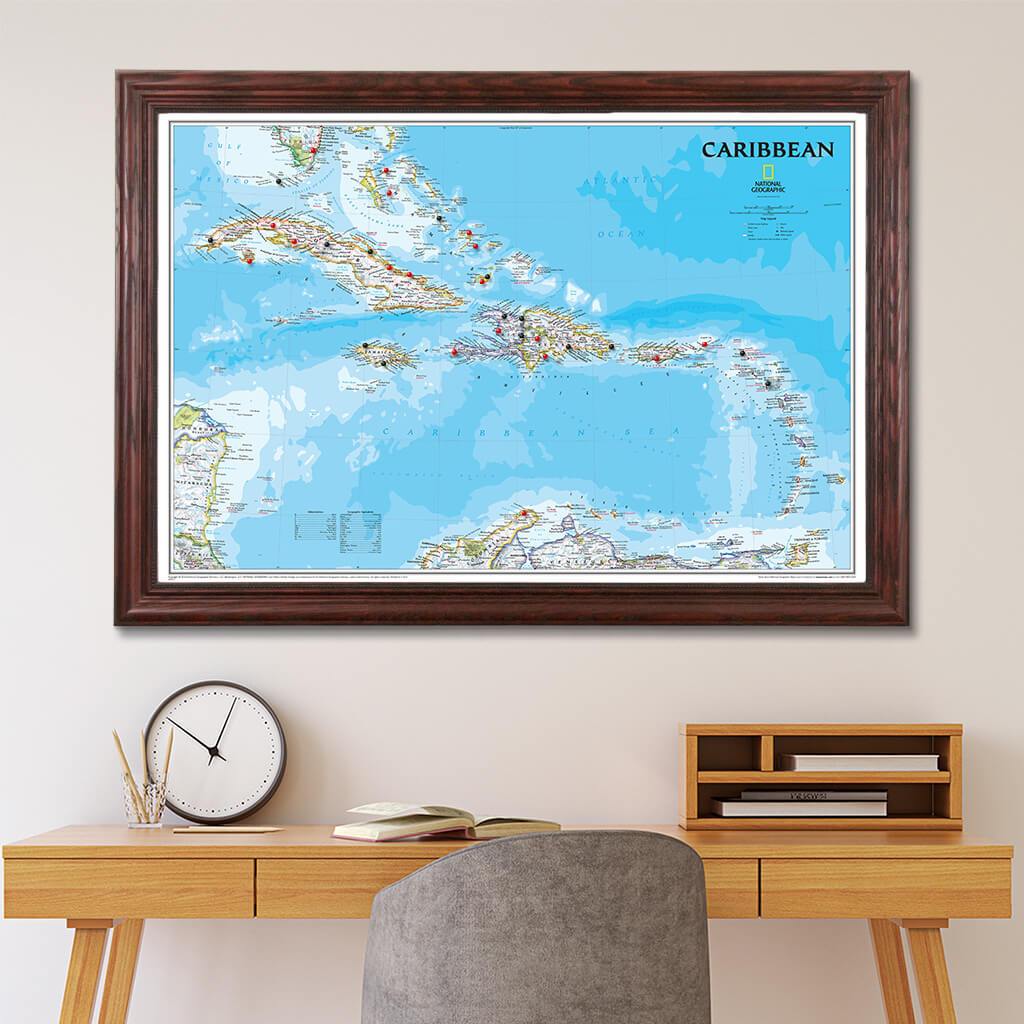Classic Caribbean Pinboard Travel Map in Solid Wood Cherry Frame