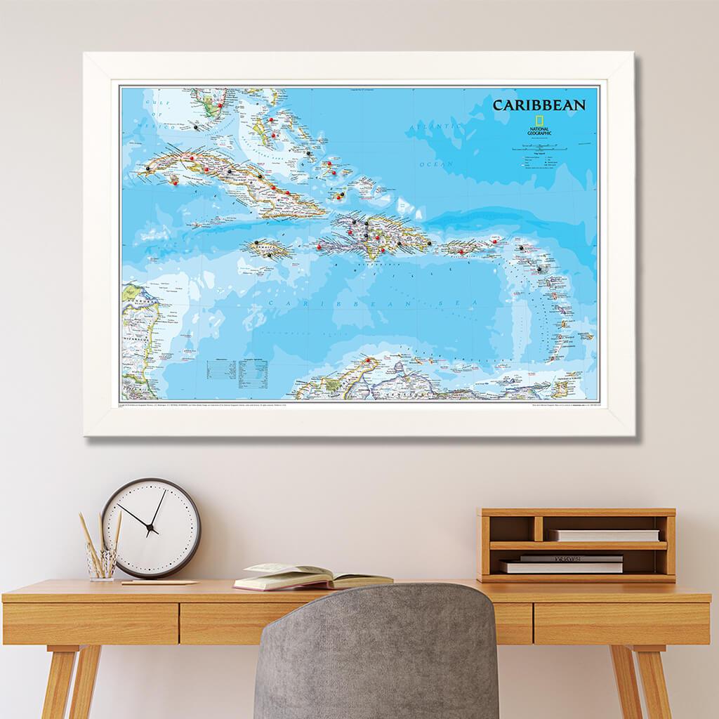 Classic Caribbean Push Pin Map in Textured White Frame with Pins
