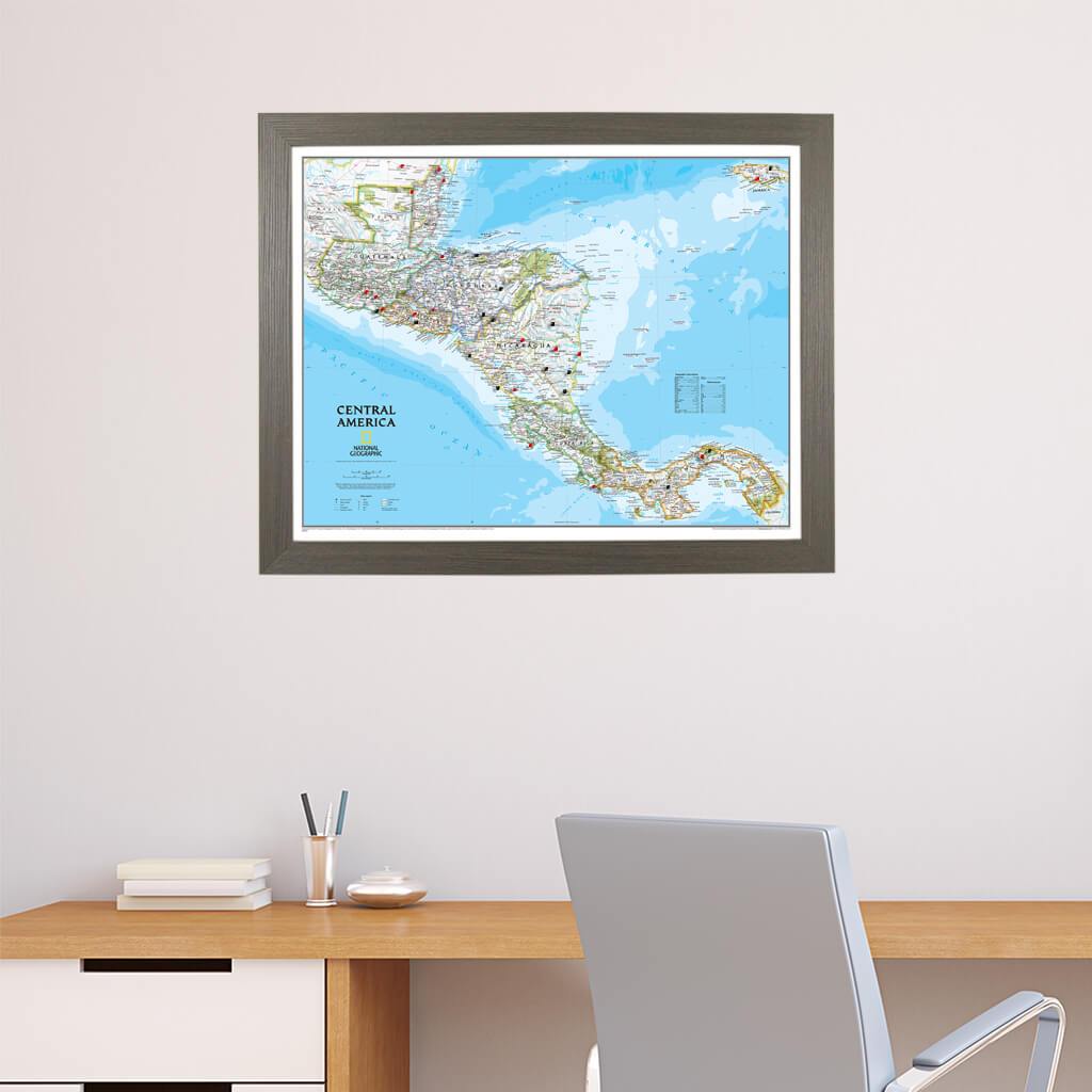 Classic Central America Push Pin Travel Map in Barnwood Gray Frame