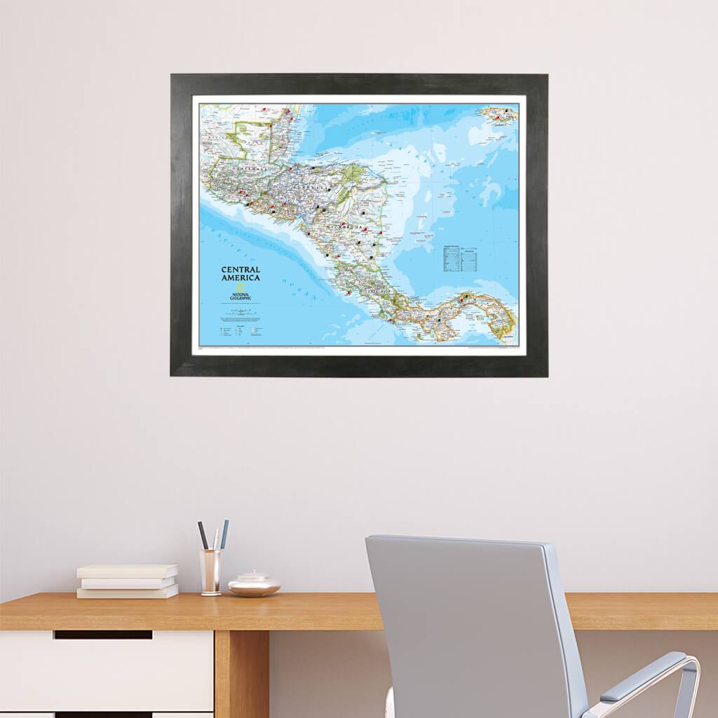 Classic Central America Push Pin Map in Rustic Black Frame