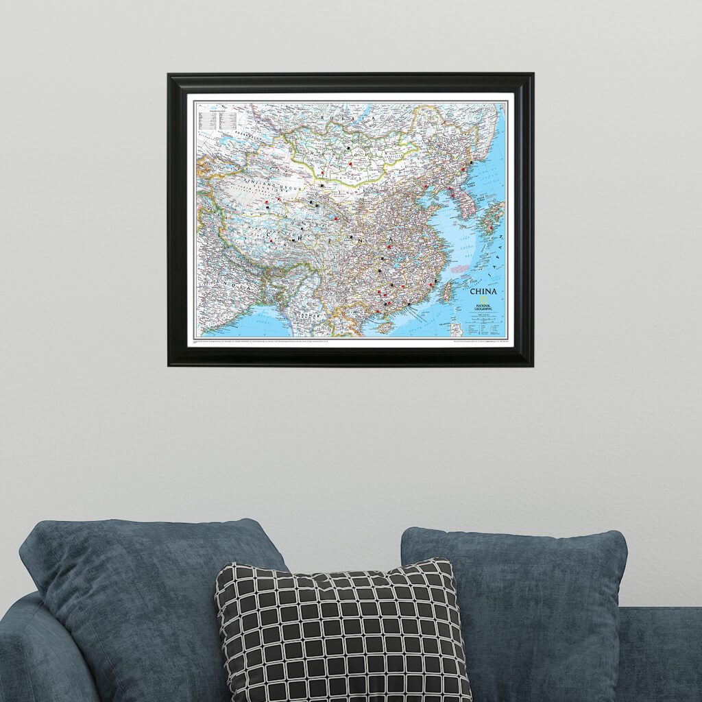 Classic China Push Pin Travel Map in Black Frame