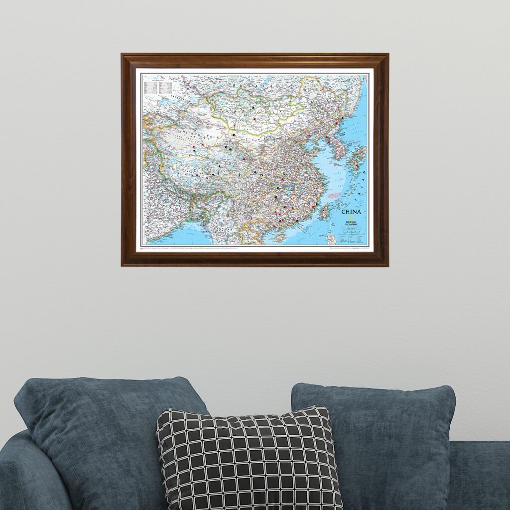 Classic China Push Pin Travel Map in Brown Frame