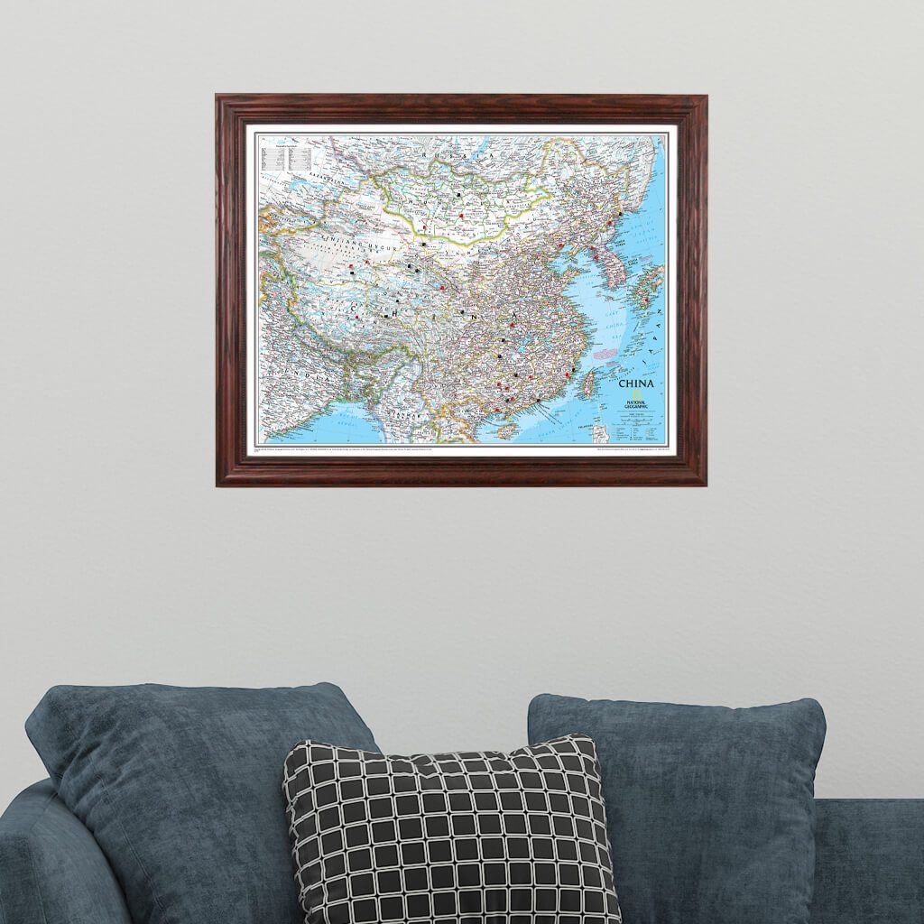 Classic China Push Pin Travel Map in Solid Wood Cherry Frame
