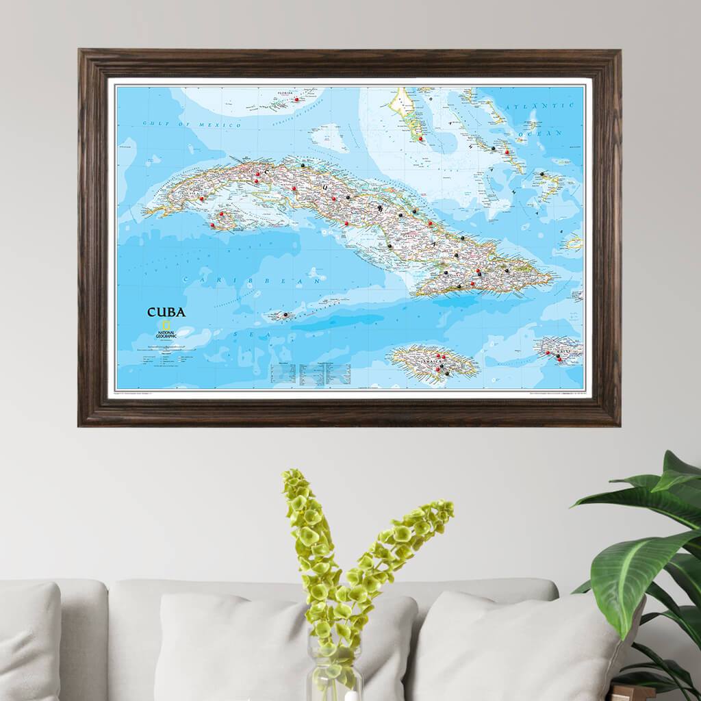 Classic Cuba Push Pin Travel Map in Solid Wood Brown Frame