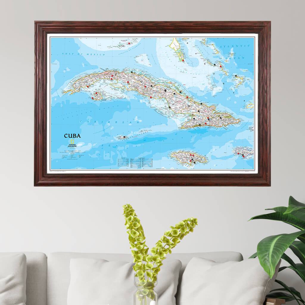 Classic Cuba Push Pin Travel Map in Solid Wood Cherry Frame