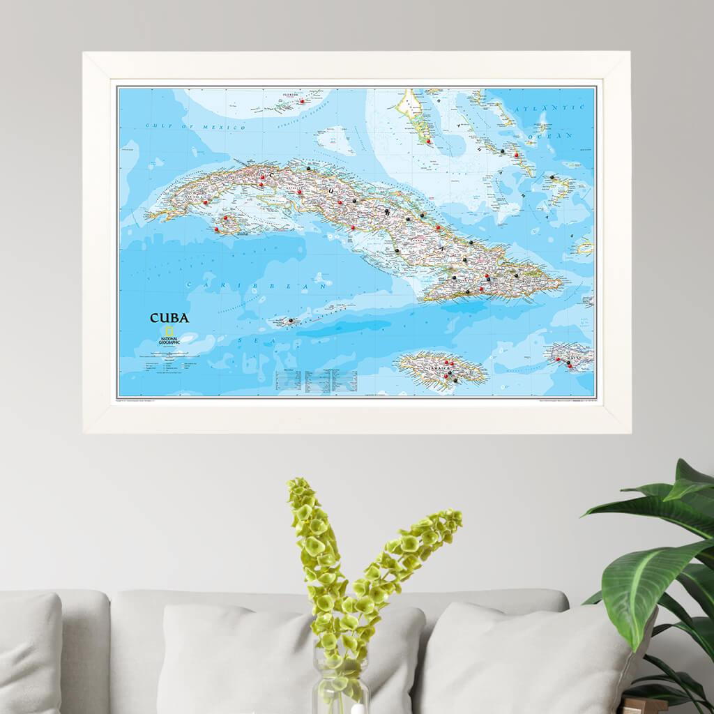Classic Cuba Push Pin Travel Map in Textured White Frame