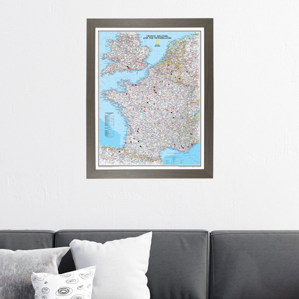 Classic France, Belgium, and The Netherlands Travel Map in Barnwood Gray Frame