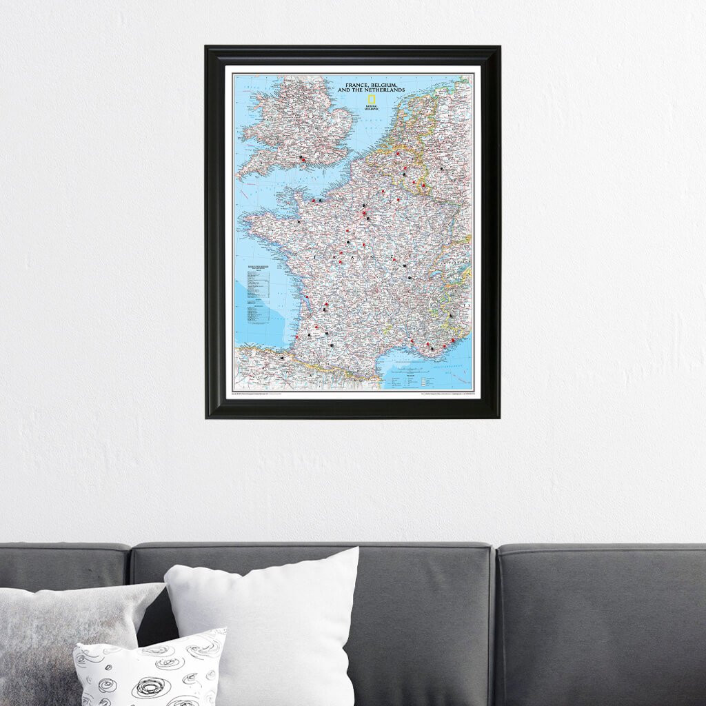 Classic France, Belgium, and The Netherlands Travel Map with Pins in Black Frame