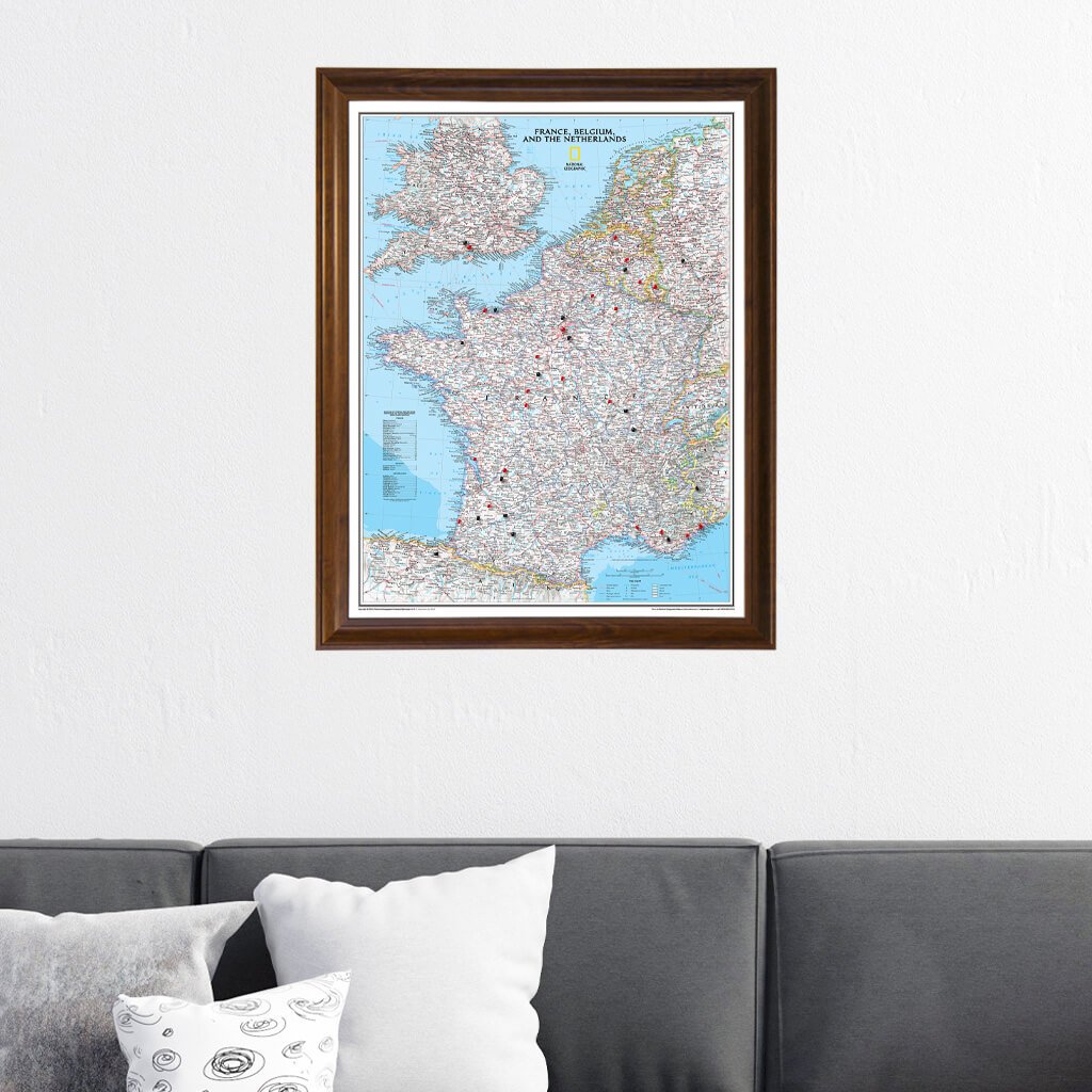 Classic France, Belgium, and The Netherlands Travel Map in Brown Frame