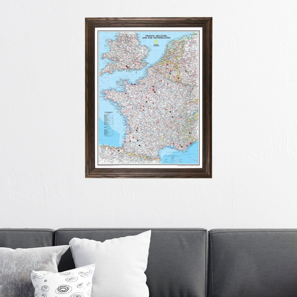 Classic France, Belgium, and The Netherlands Travel Map in Solid Wood Brown Frame