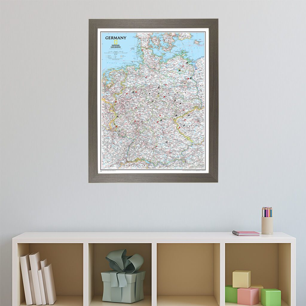 Classic Germany Push Pin Travel Map in Barnwood Gray Frame