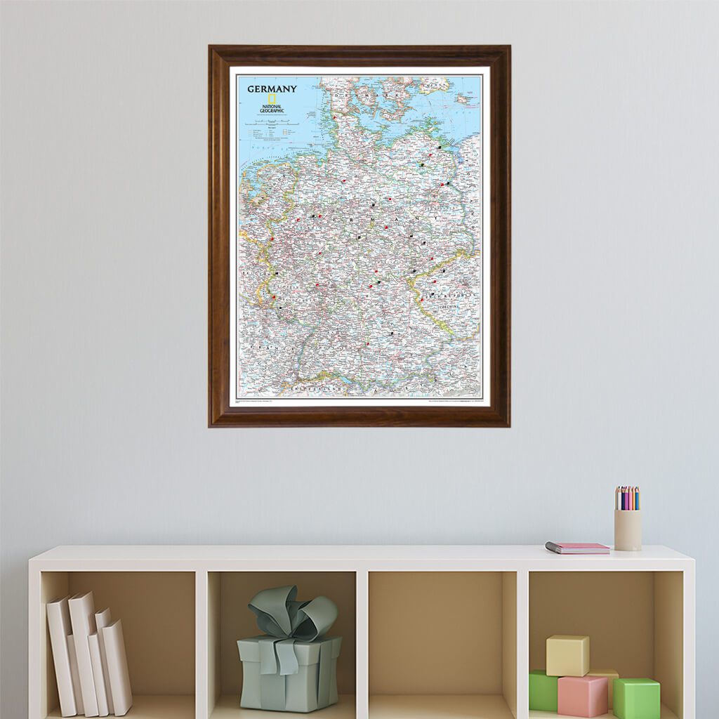 Classic Germany Push Pin Travel Map in Brown Frame