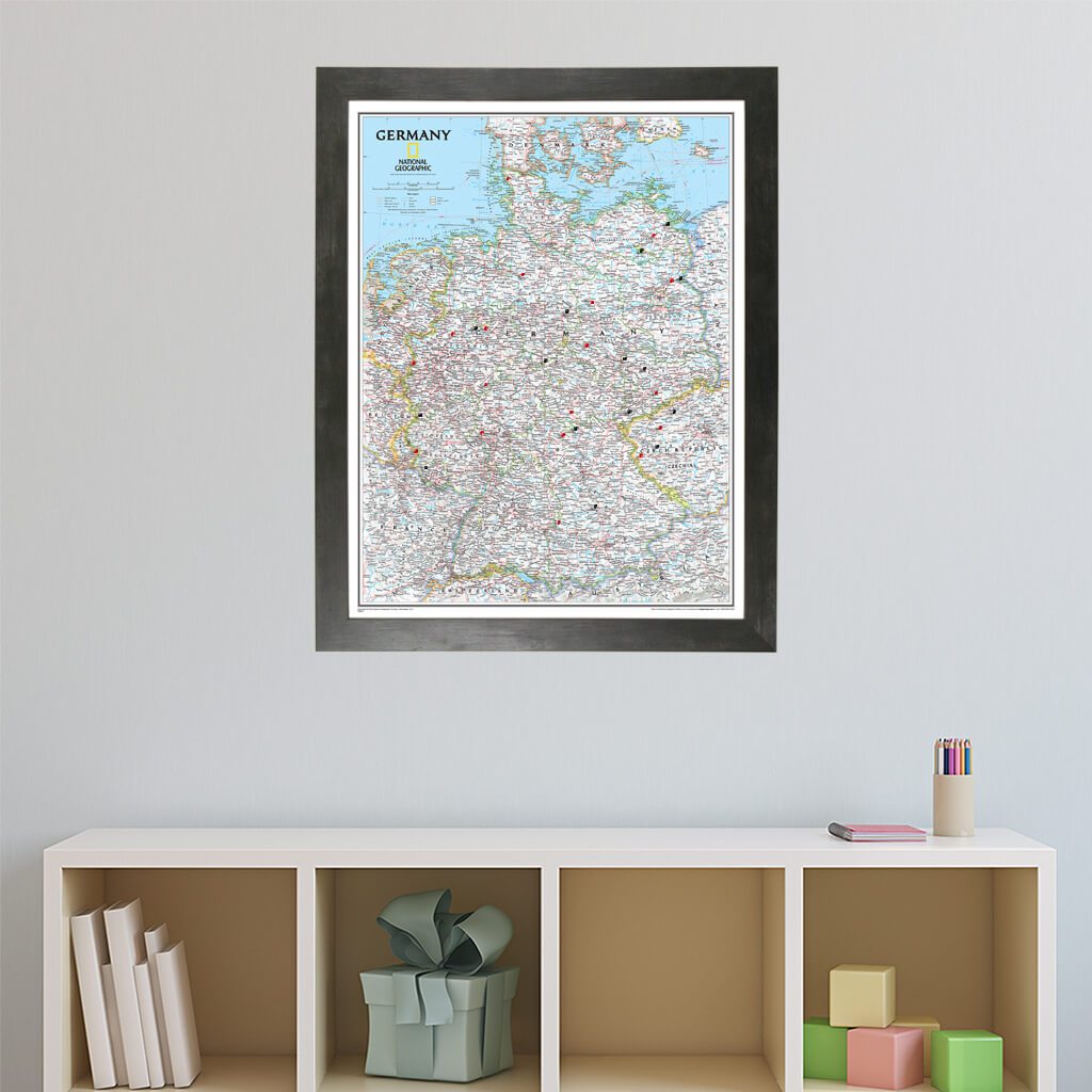 Classic Germany Push Pin Travel Map in Rustic Black Frame