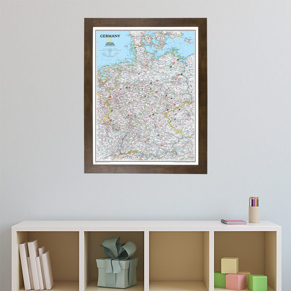 Classic Germany Push Pin Travel Map in Rustic Brown Frame
