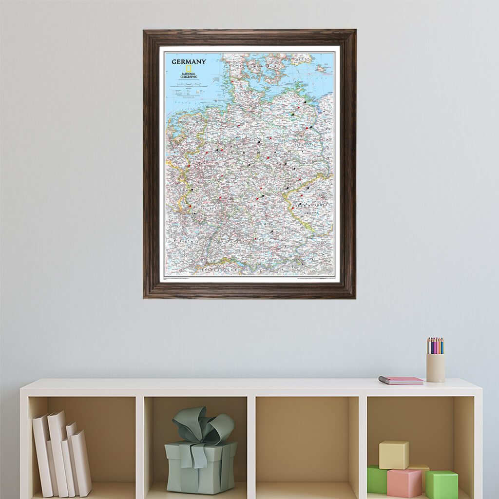Classic Germany Push Pin Travel Map in Solid Wood Brown Frame