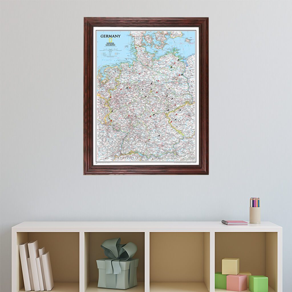 Classic Germany Push Pin Travel Map in Solid Wood Cherry Frame