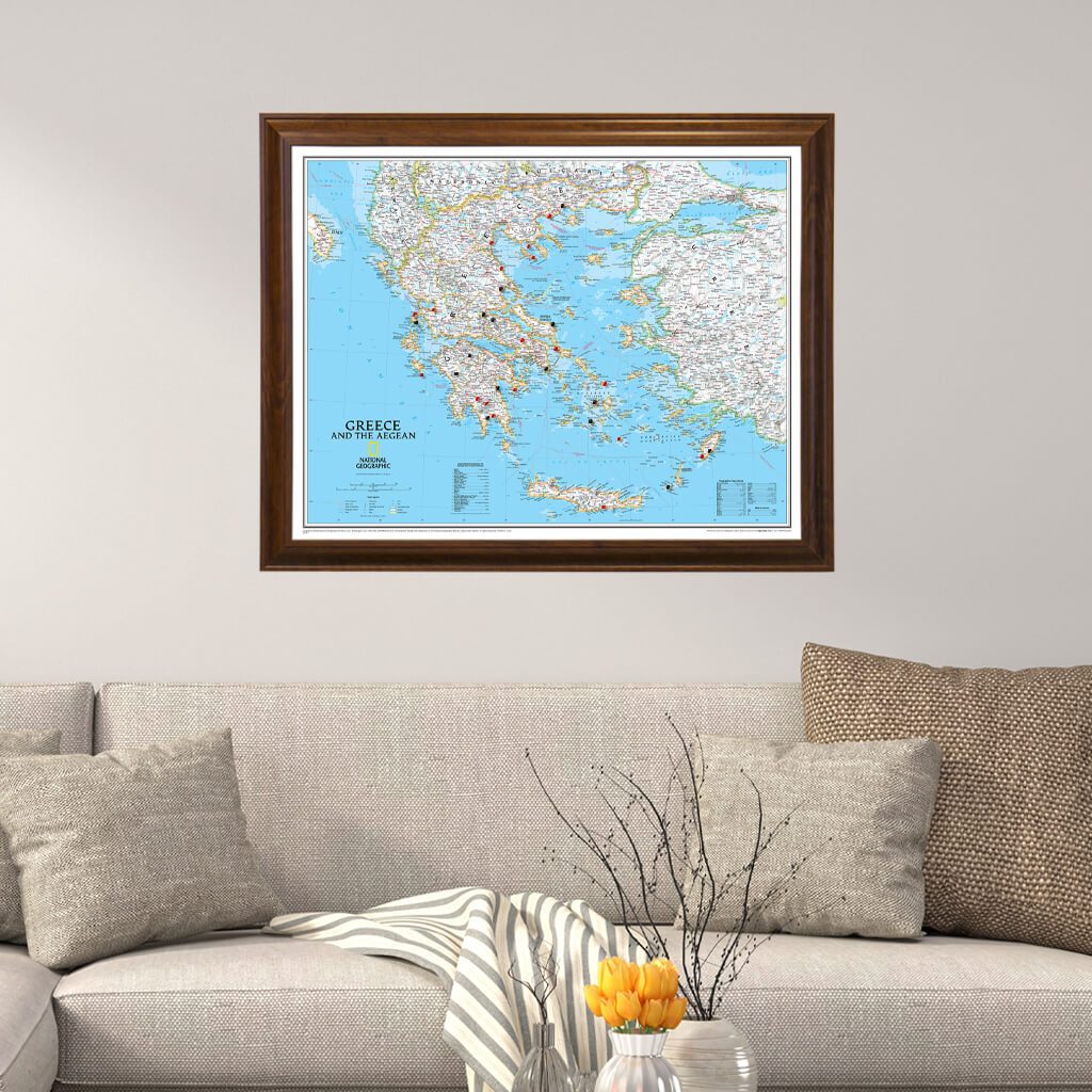 Push Pin Travel Maps Classic Greece in Brown Frame with Pins