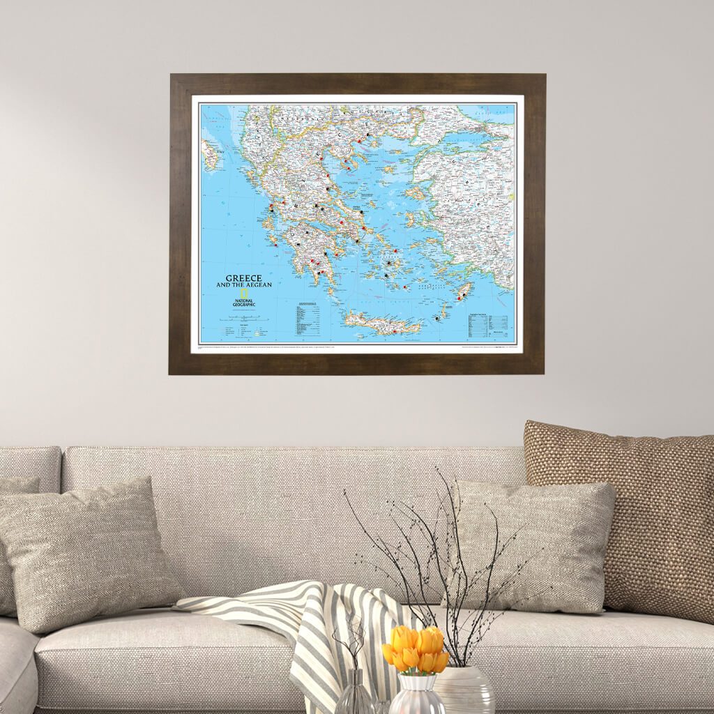 Push Pin Travel Maps Classic Greece in Rustic Brown Frame