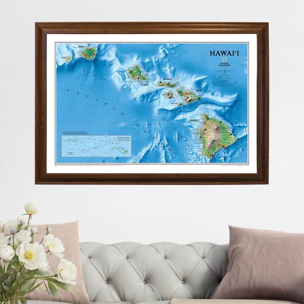 Hawaii Push Pin Travel Map in Brown Frame