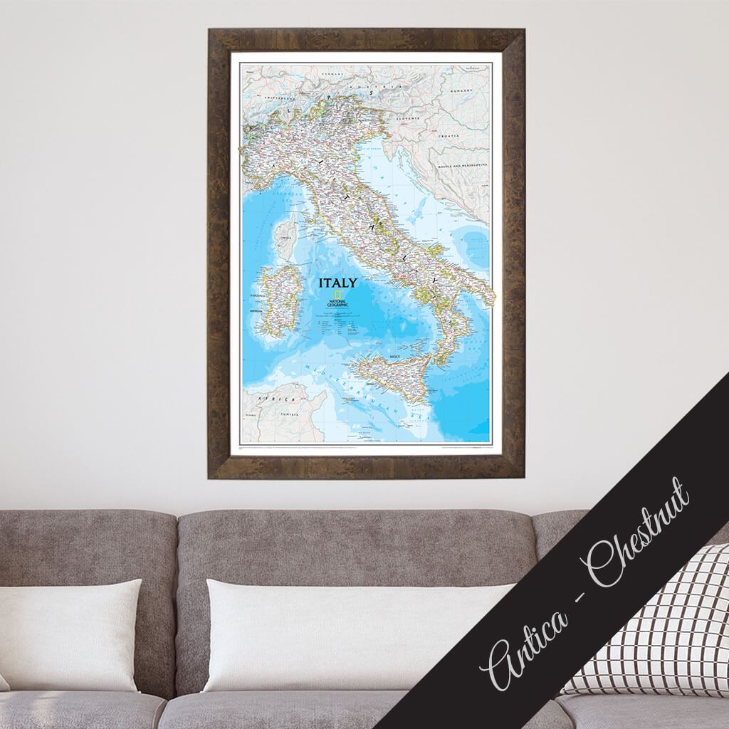Canvas Italy Travel Map in Premium Antica Charcoal Frame
