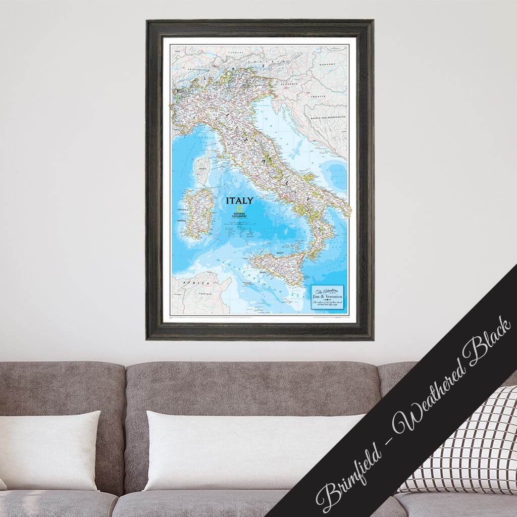 Canvas Italy Travel Map in Premium Brimfield Black Frame
