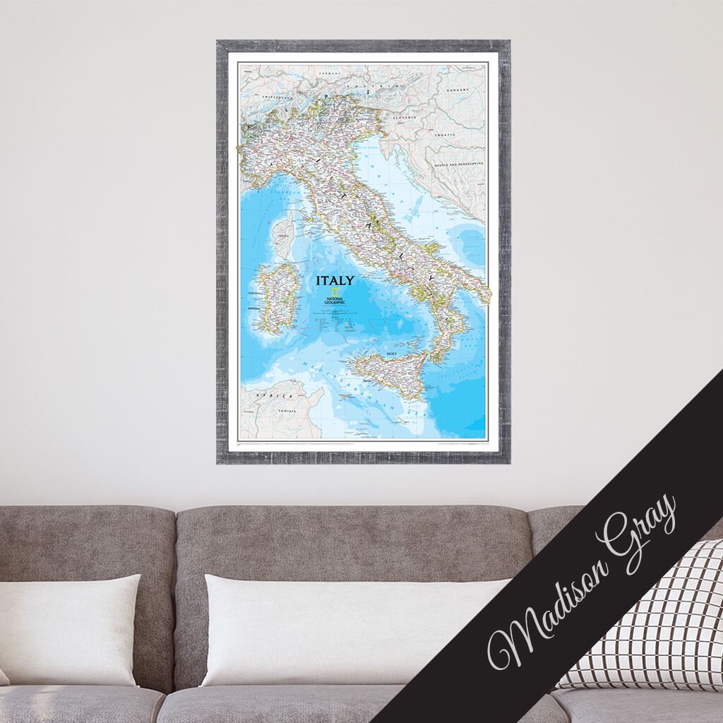 Canvas Italy Travel Map in Premium Madison Gray Frame
