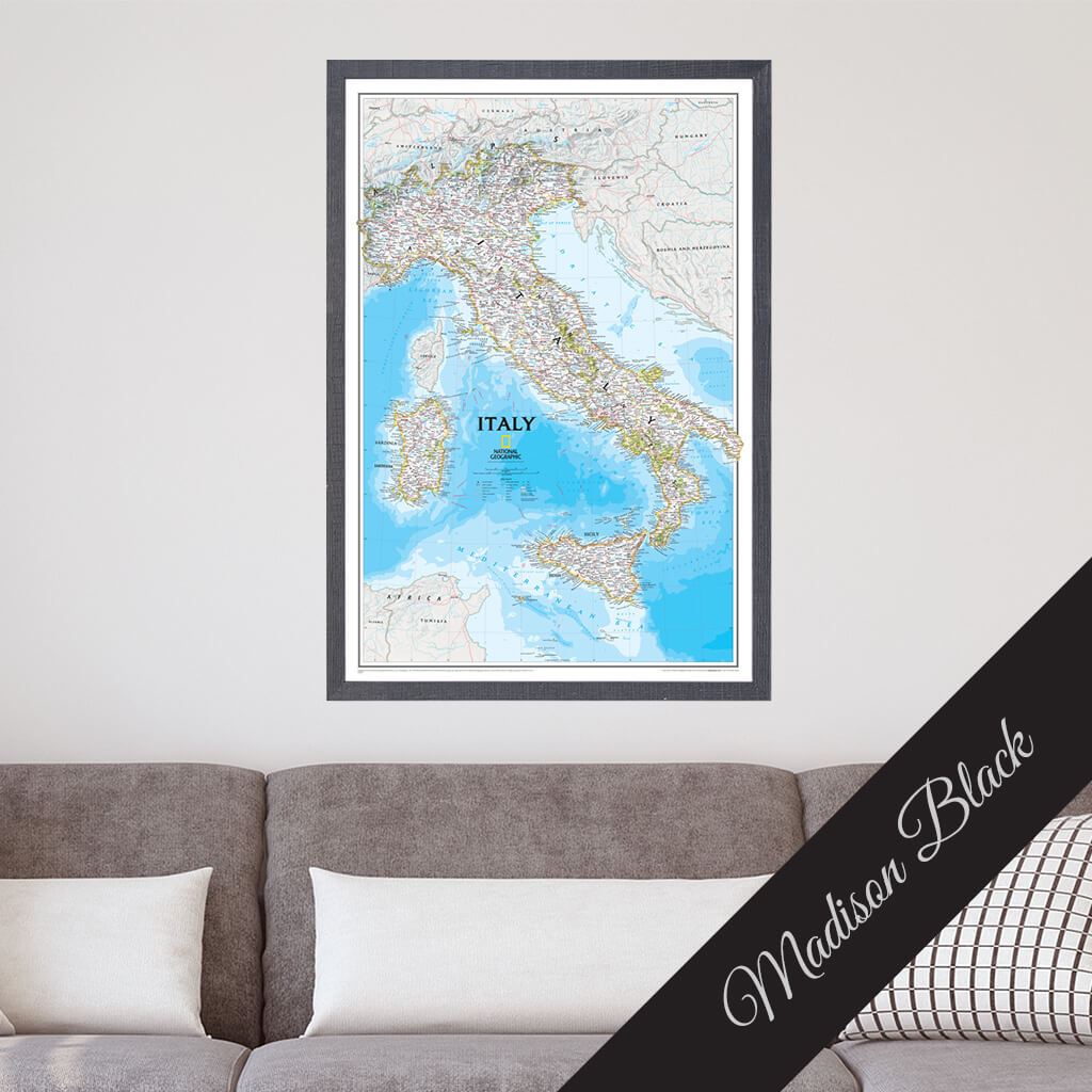 Canvas Italy Travel Map in Premium Madison Black Frame