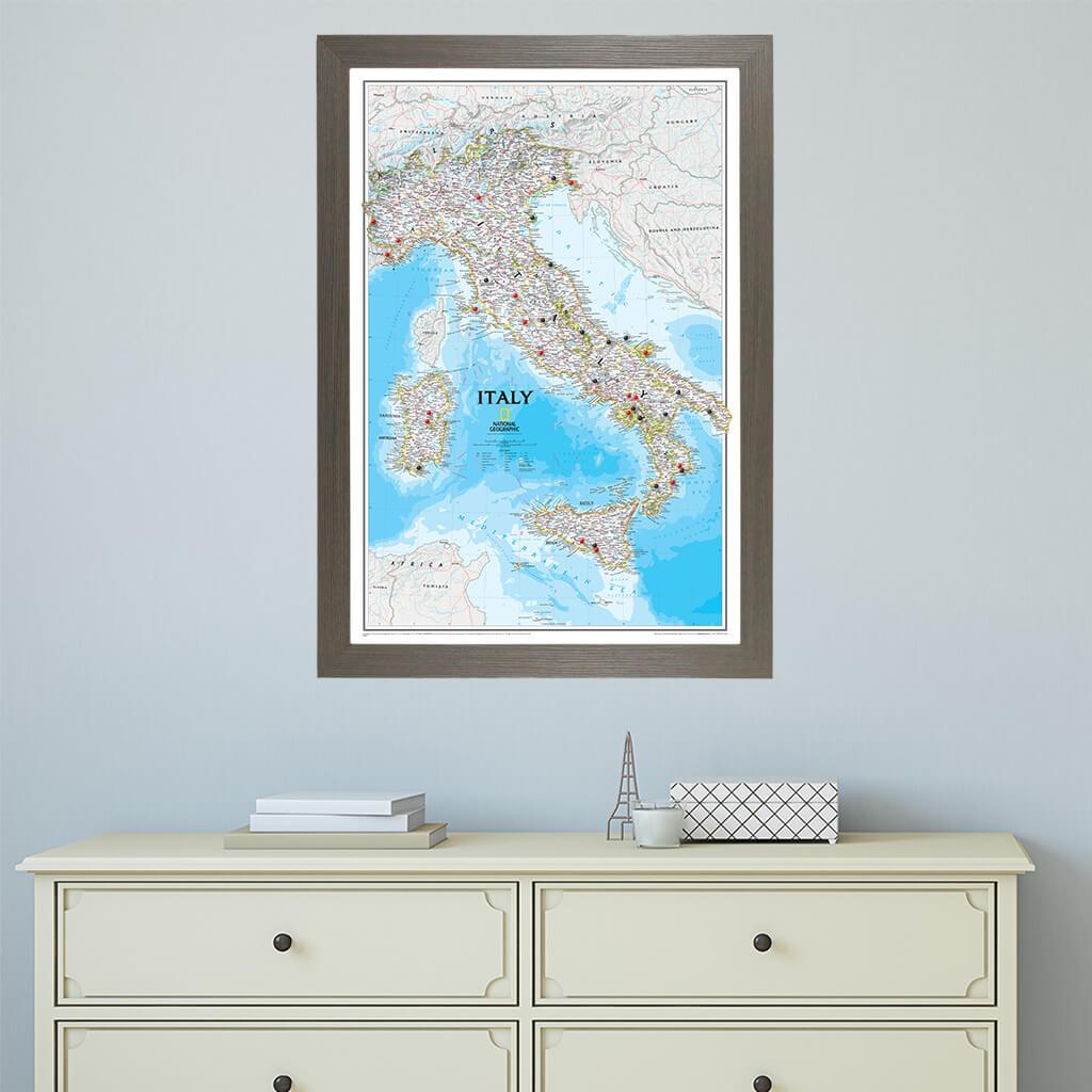 Classic Italy Push Pin Travel Map in Barnwood Gray Frame
