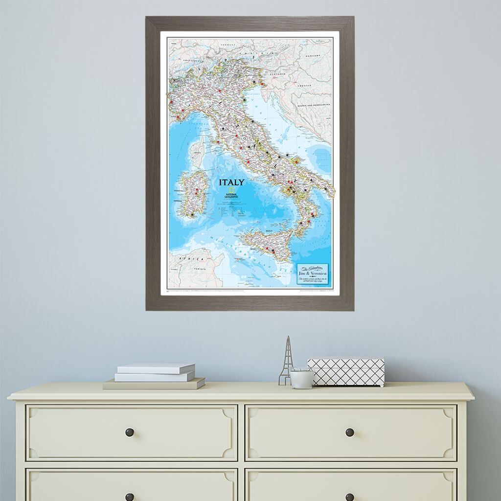 Canvas Italy Travel Map in Barnwood Gray Frame