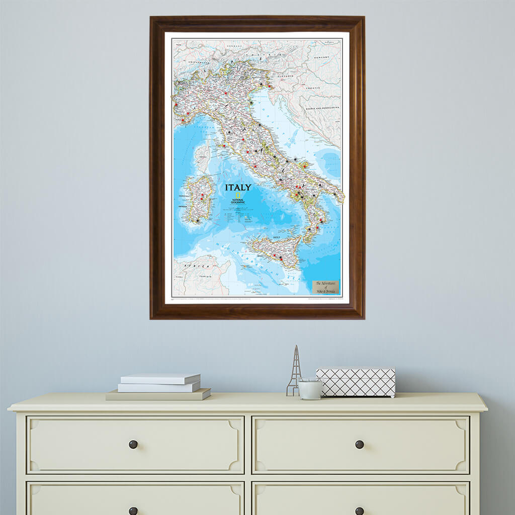 Classic Italy Push Pin Travel Map in Brown Frame