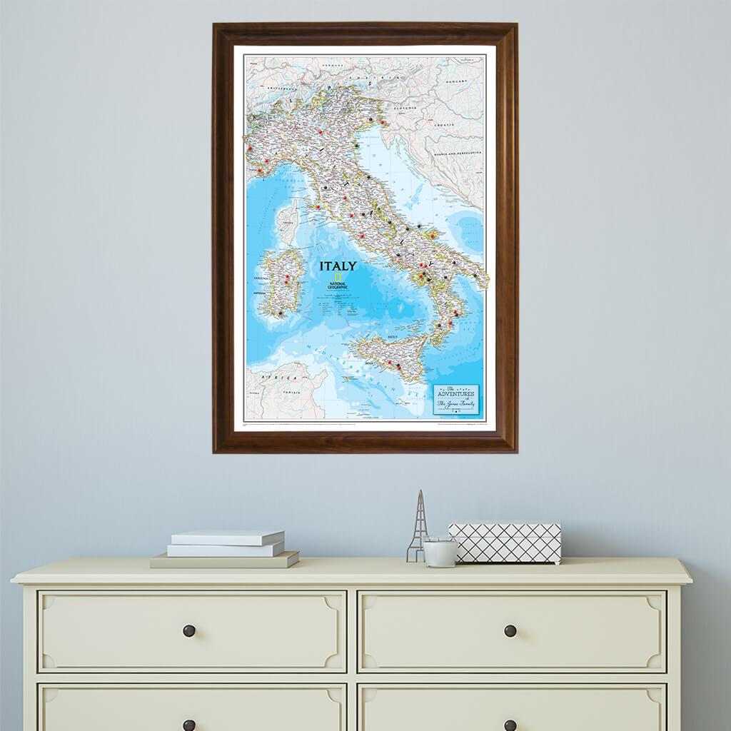 Canvas Italy Travel Map in Brown Frame