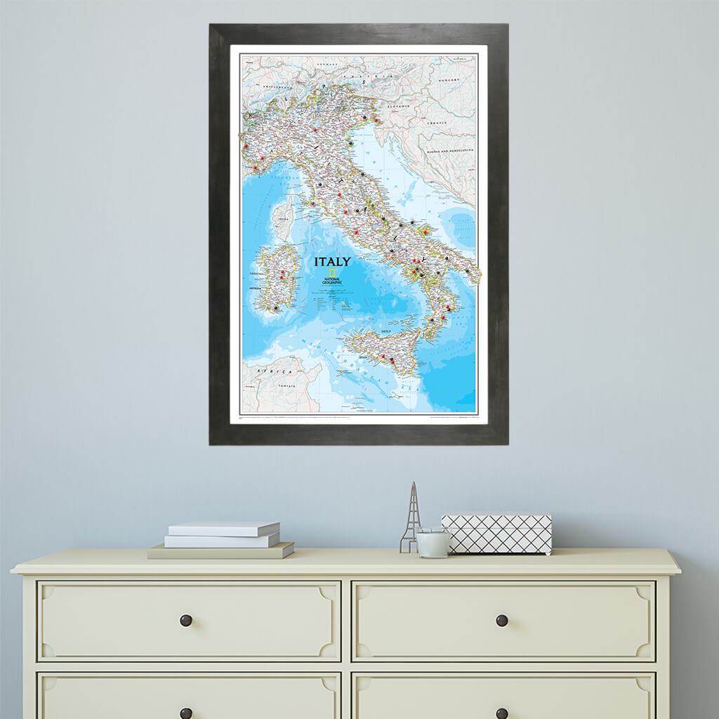 Canvas Italy Travel Map in Rustic Black Frame