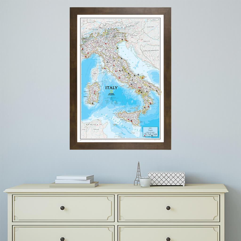 Canvas Italy Travel Map in Rustic Brown Frame