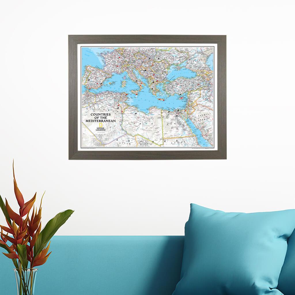 Classic Countries of the Mediterranean Push Pin Travel Map in Barnwood Gray Frame
