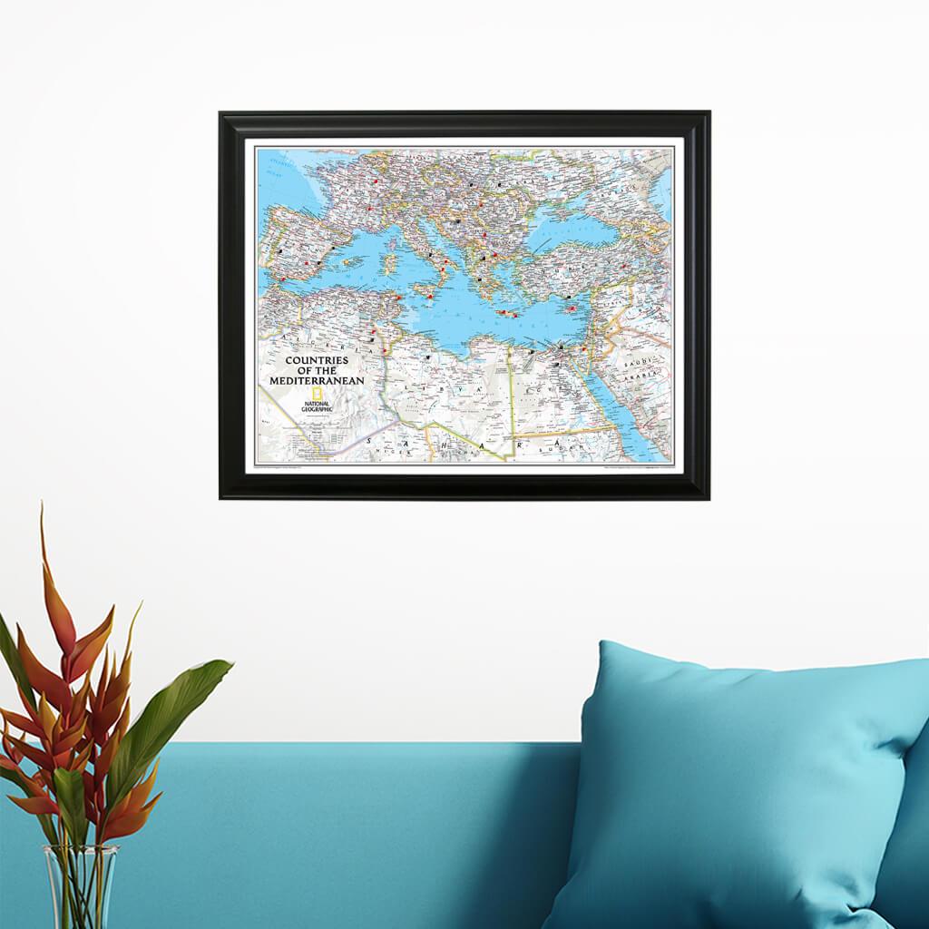 Classic Countries of the Mediterranean Travel Map with Black Frame