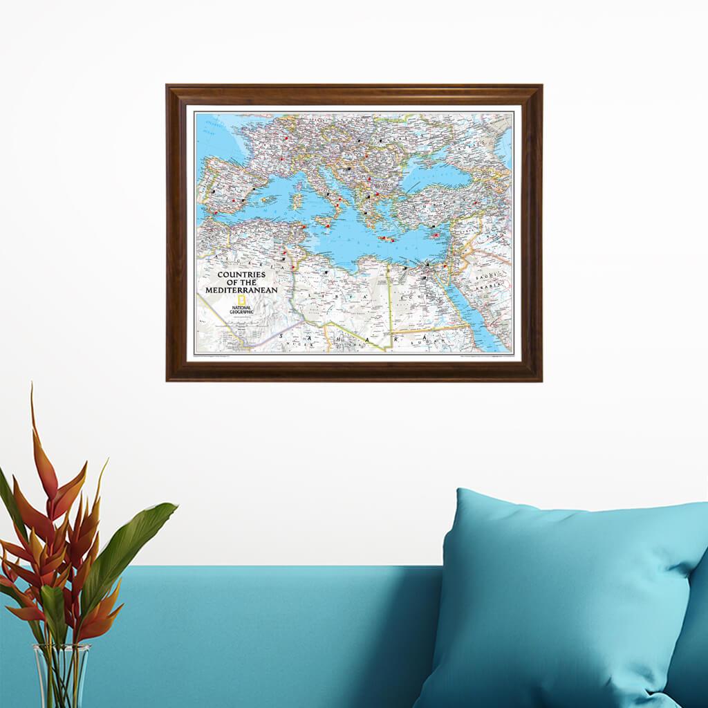 Classic Countries of the Mediterranean Push Pin Map in Brown Frame