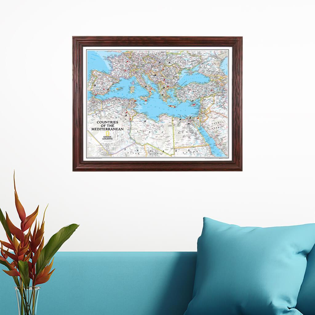 Classic Countries of the Mediterranean Push Pin Travel Map in Solid Wood Cherry Frame