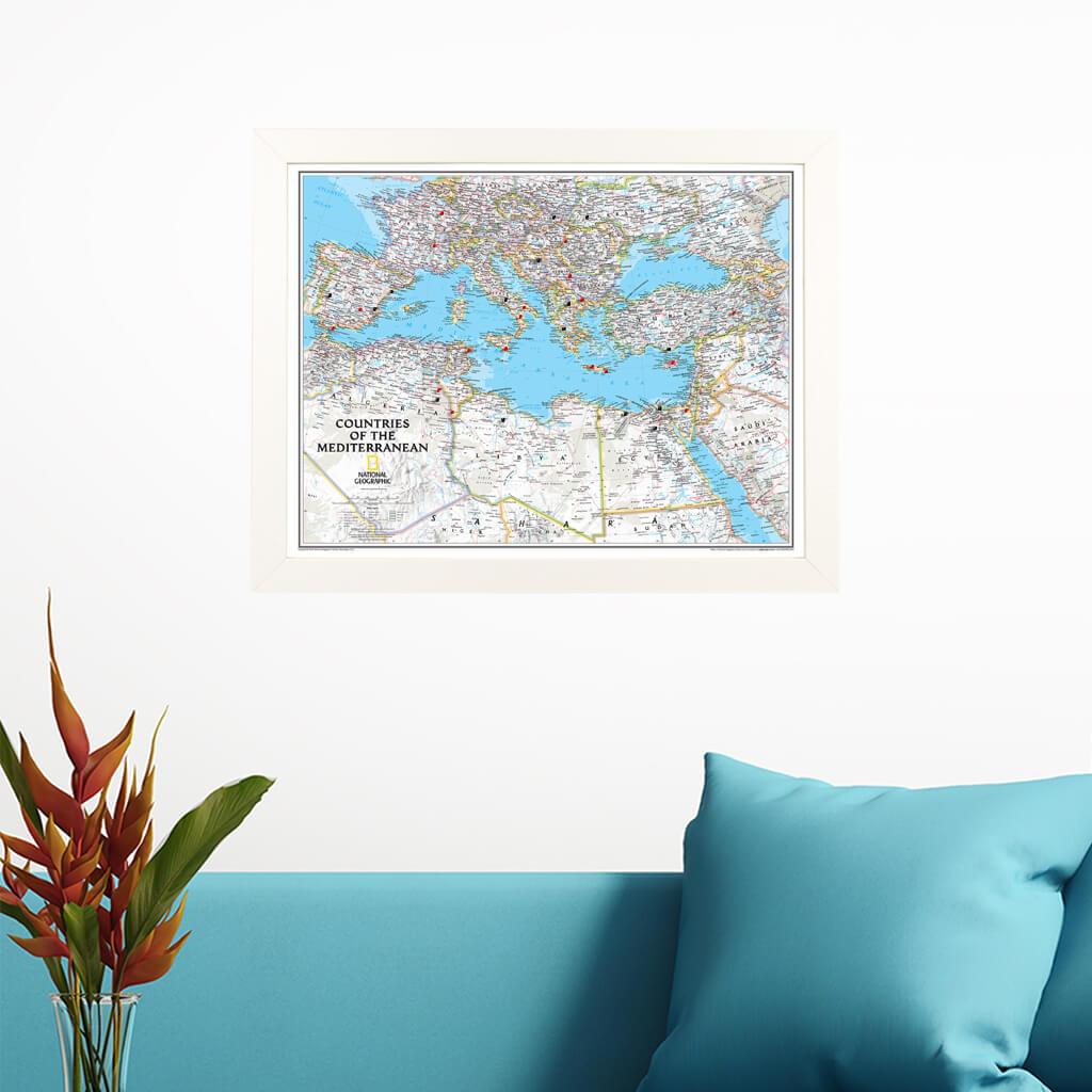 Classic Countries of the Mediterranean Travel Map in Textured White Frame