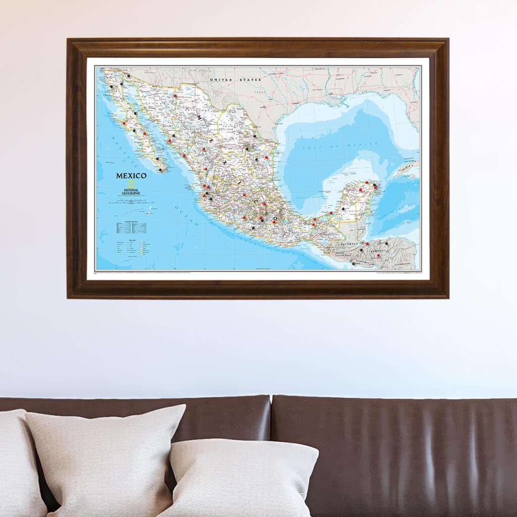Classic Mexico Push Pin Travel Map in Brown Frame