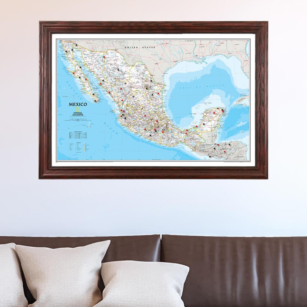 Classic Mexico Push Pin Travel Map in Solid Wood Cherry Frame